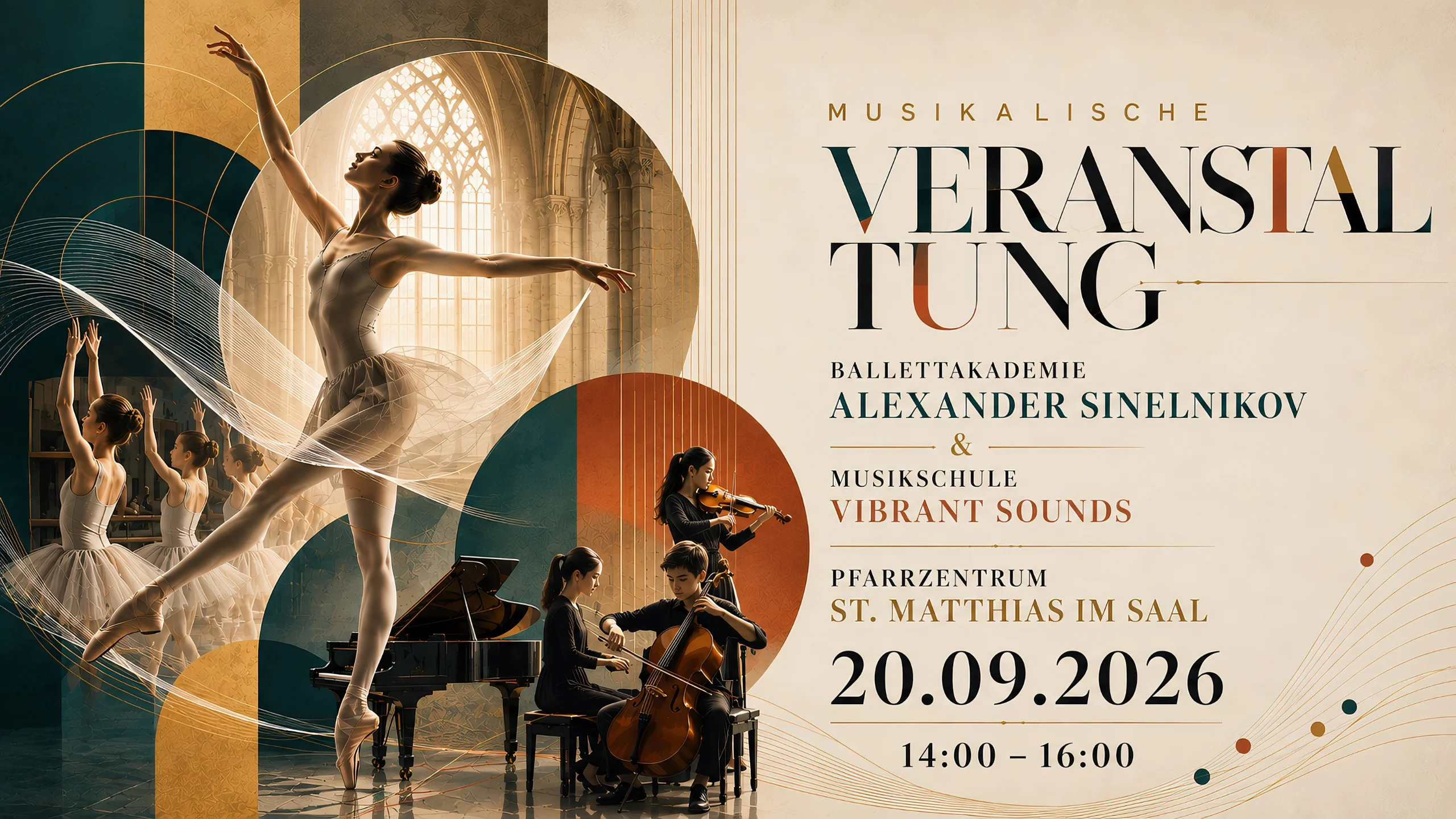Eventplakat zur musikalischen Veranstaltung der Ballettakademie Alexander Sinelnikov und Musikschule Vibrant Sounds am 20.09.2026 von 14:00 bis 16:00 Uhr im Pfarrzentrum St. Matthias in Trier.